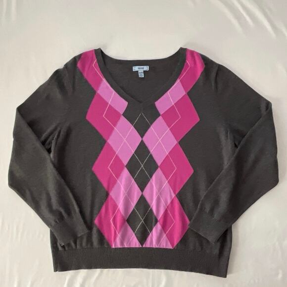 Izod Argyle Womens Sweater Size XXL Gray Pink Vneck Work Preppy Dark Academia - Picture 2 of 13